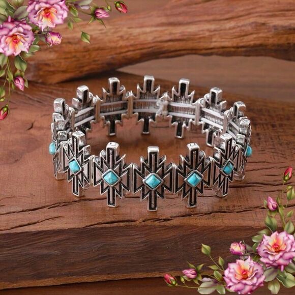 Bohemian Style Fake Turquoise stretchy Bracelet, Vintage - Picture 1 of 10